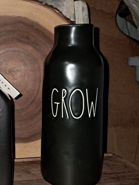 Rae Dunn Black Ceramic 'GROW' Vase - Matte Black with White Lettering